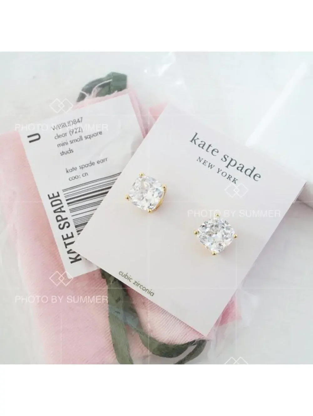 Kate Spade Mini Small Square Studs Earrings Gold Clear NWT